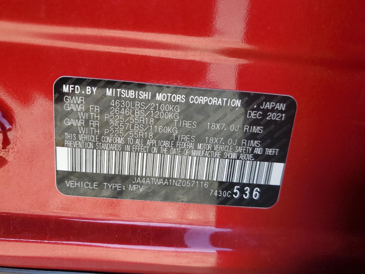 2022 MITSUBISHI ECLIPSE CROSS SE VIN:JA4ATWAA1NZ057116