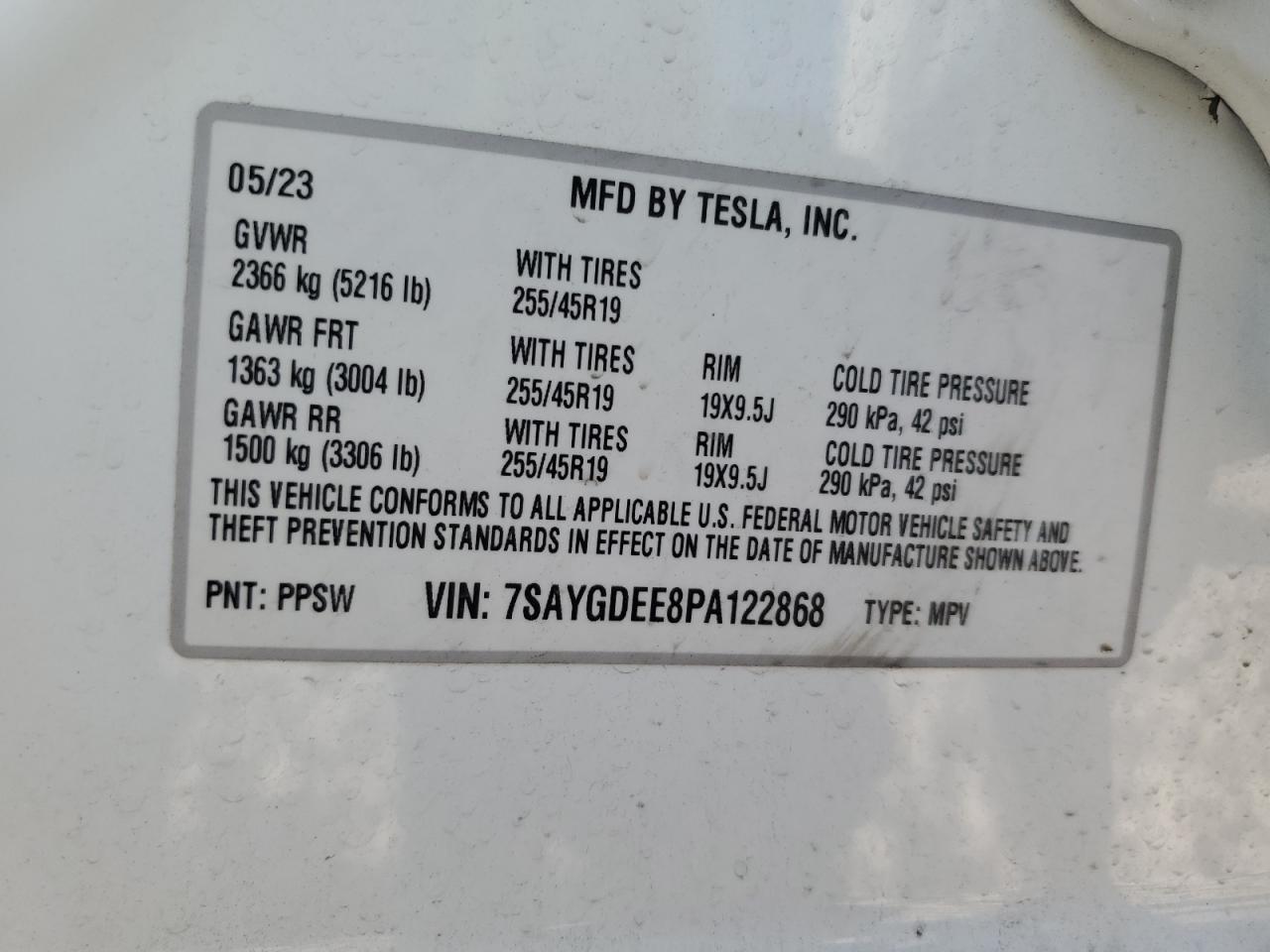 2023 TESLA MODEL Y  VIN:7SAYGDEE8PA122868