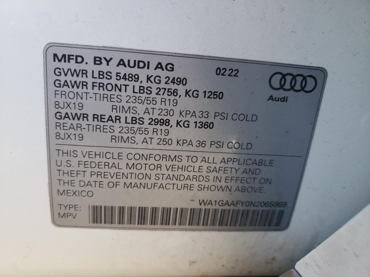 2022 AUDI Q5 PREMIUM 45 VIN:WA1GAAFY0N2065869