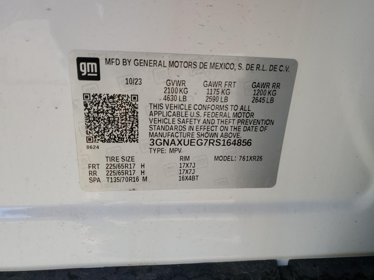 2024 CHEVROLET EQUINOX LT VIN:3GNAXUEG7RS164856