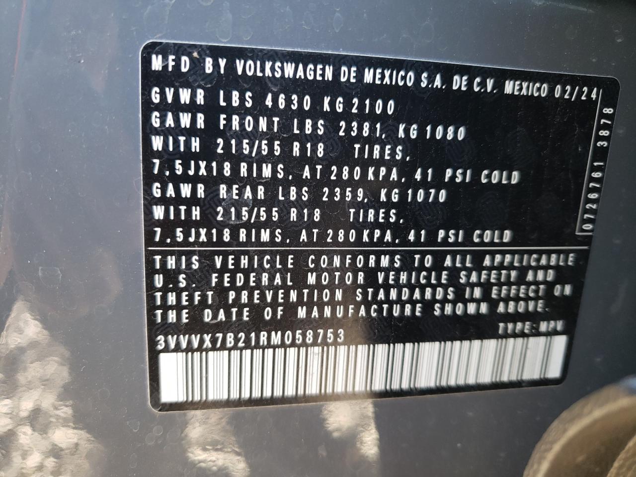 2024 VOLKSWAGEN TAOS SE VIN:3VVVX7B21RM058753