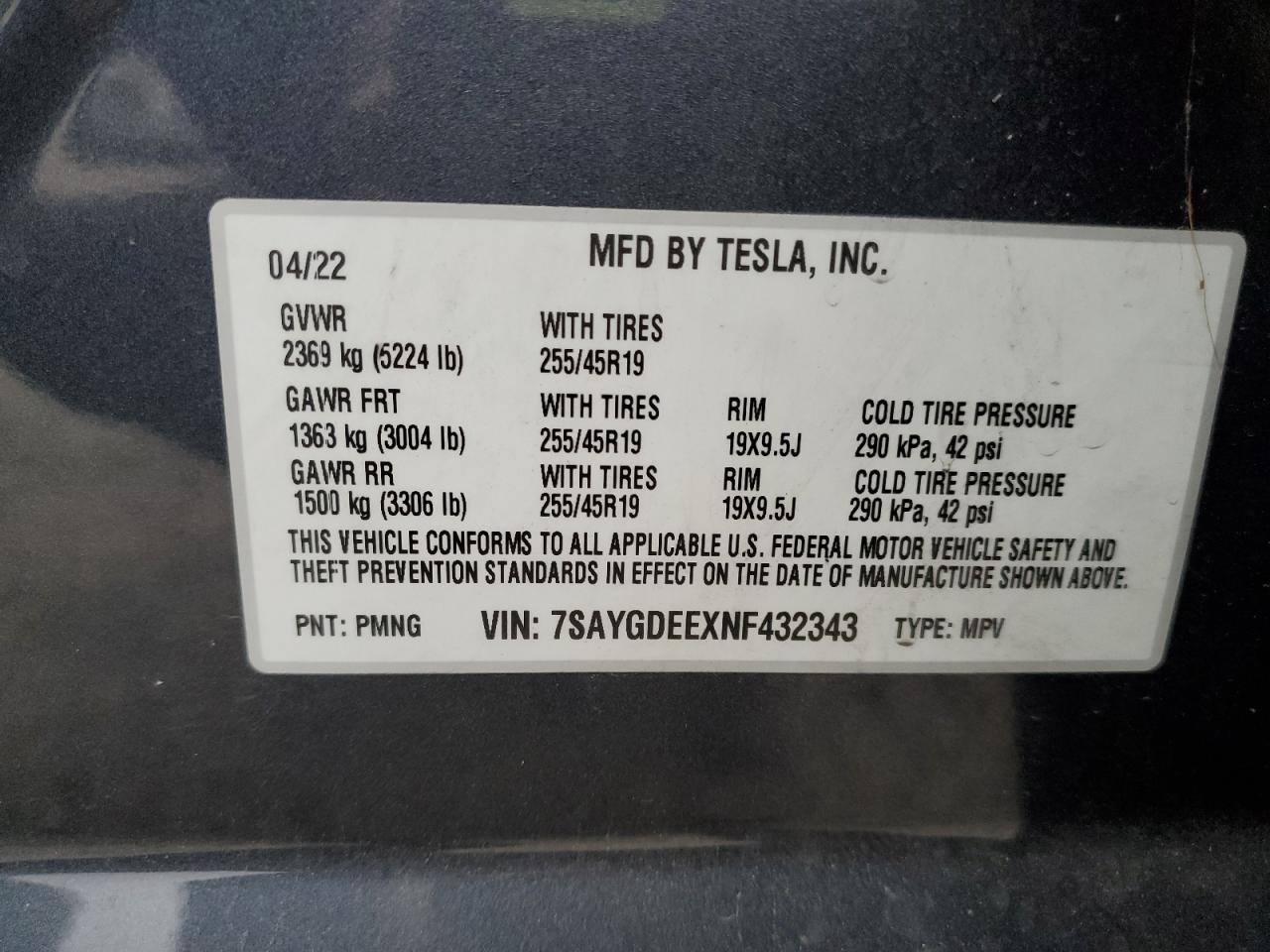 2022 TESLA MODEL Y  VIN:7SAYGDEEXNF432343
