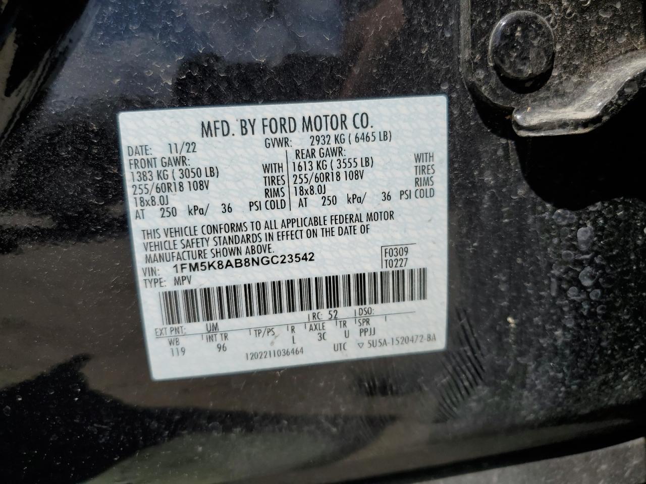 2022 FORD EXPLORER POLICE INTERCEPTOR VIN:1FM5K8AB8NGC23542