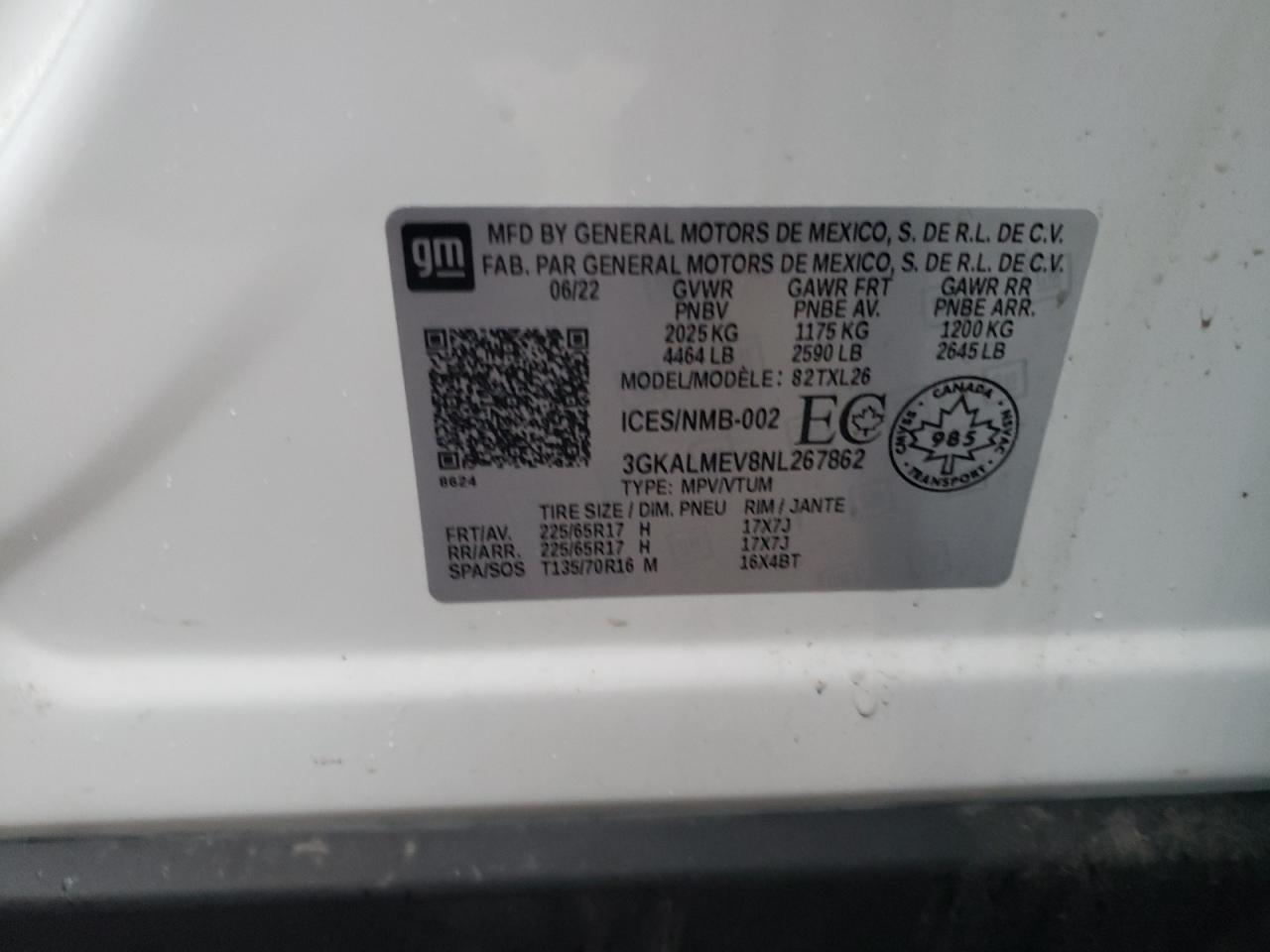 2022 GMC TERRAIN SLE VIN:3GKALMEV8NL267862