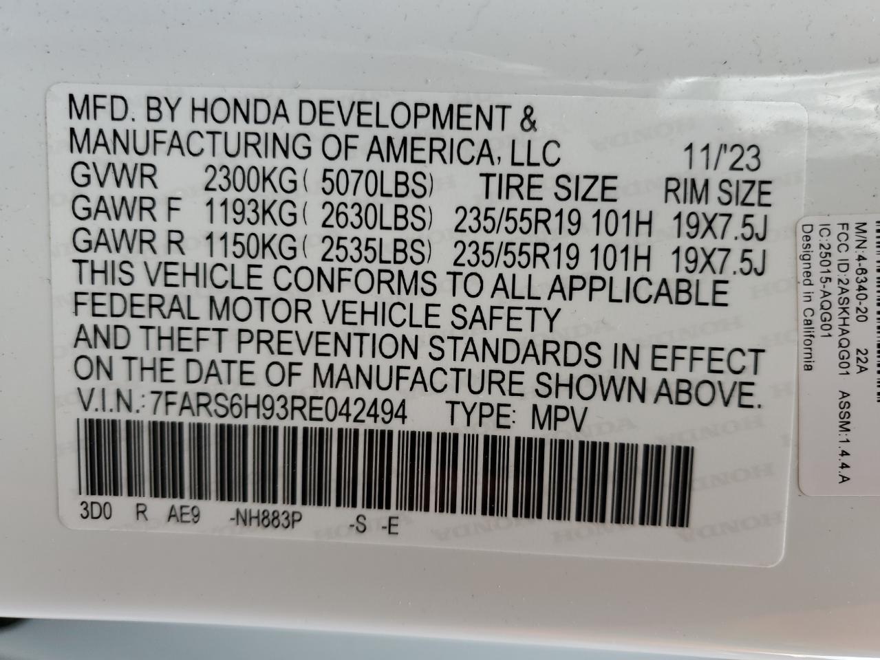2024 HONDA CR-V SPORT TOURING VIN:7FARS6H93RE042494