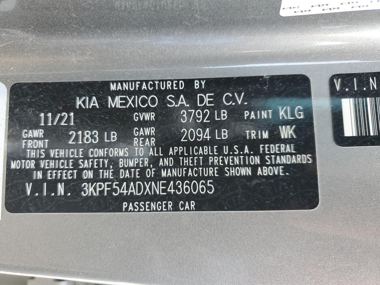 2022 KIA FORTE GT LINE VIN:3KPF54ADXNE436065
