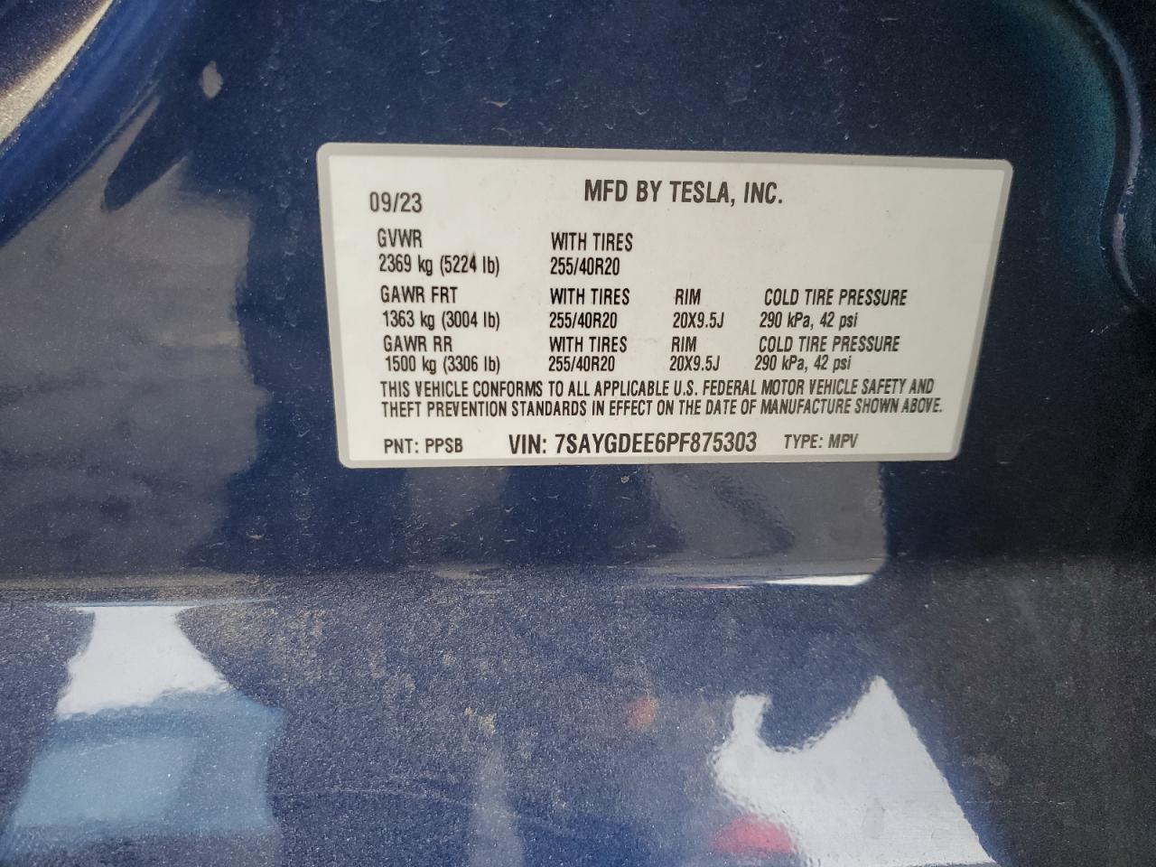 2023 TESLA MODEL Y  VIN:7SAYGDEE6PF875303