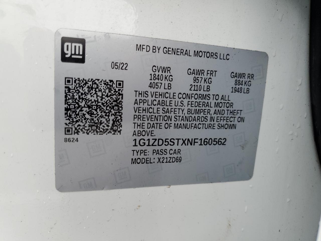 2022 CHEVROLET MALIBU LT VIN:1G1ZD5STXNF160562