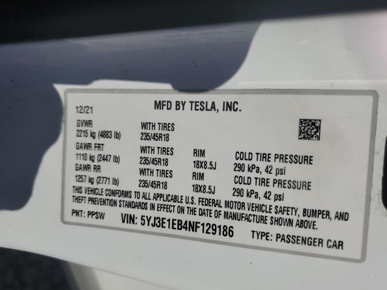 2022 TESLA MODEL 3  VIN:5YJ3E1EB4NF129186