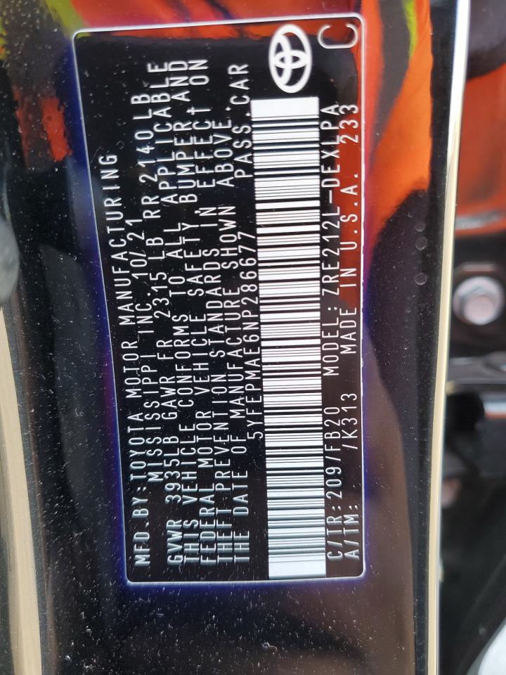 2022 TOYOTA COROLLA LE VIN:5YFEPMAE6NP286677