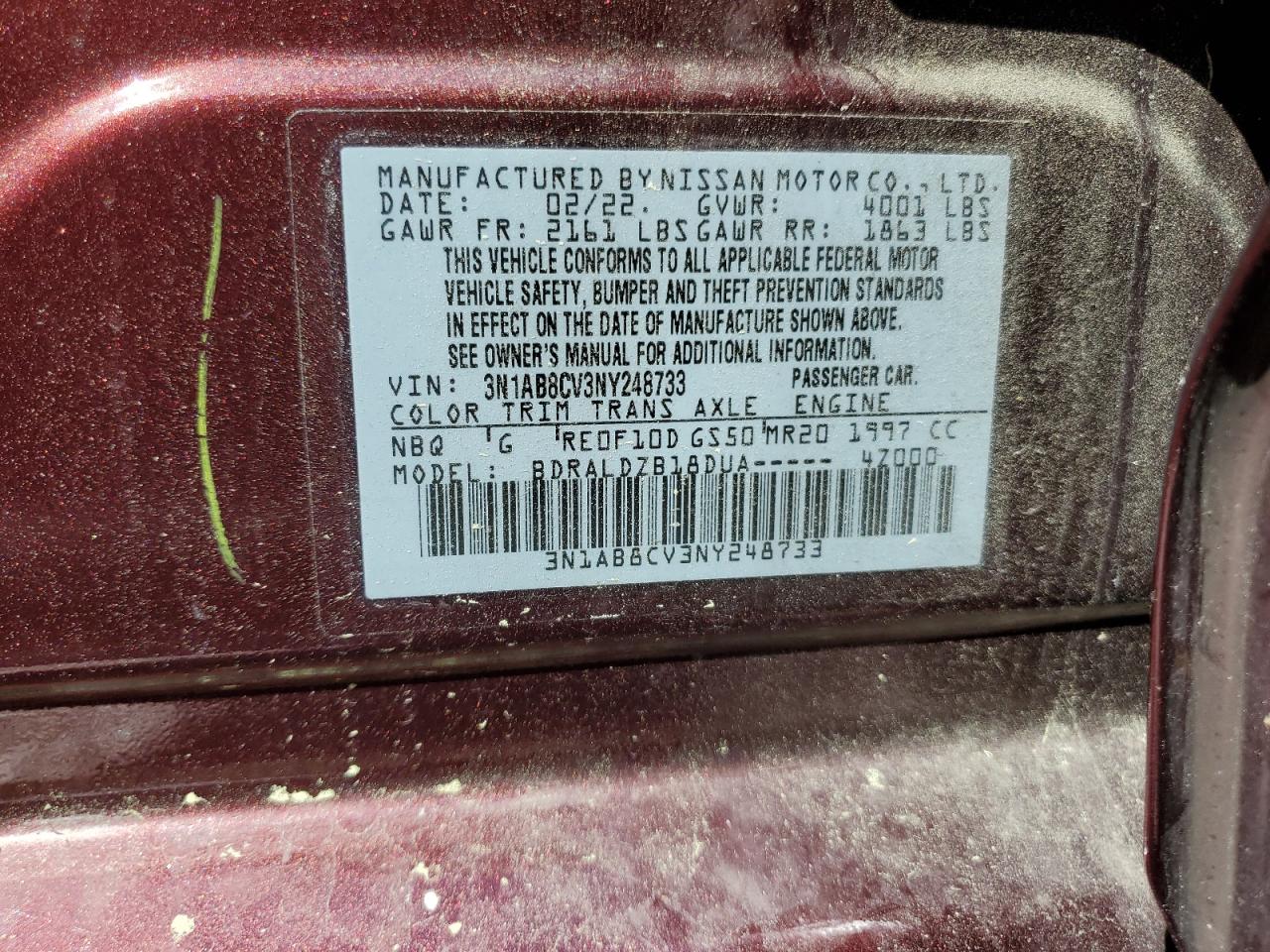 2022 NISSAN SENTRA SV VIN:3N1AB8CV3NY248733