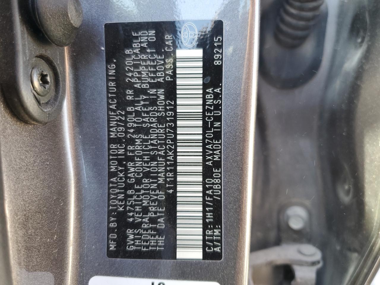 2023 TOYOTA CAMRY LE VIN:4T1R11AK2PU731912