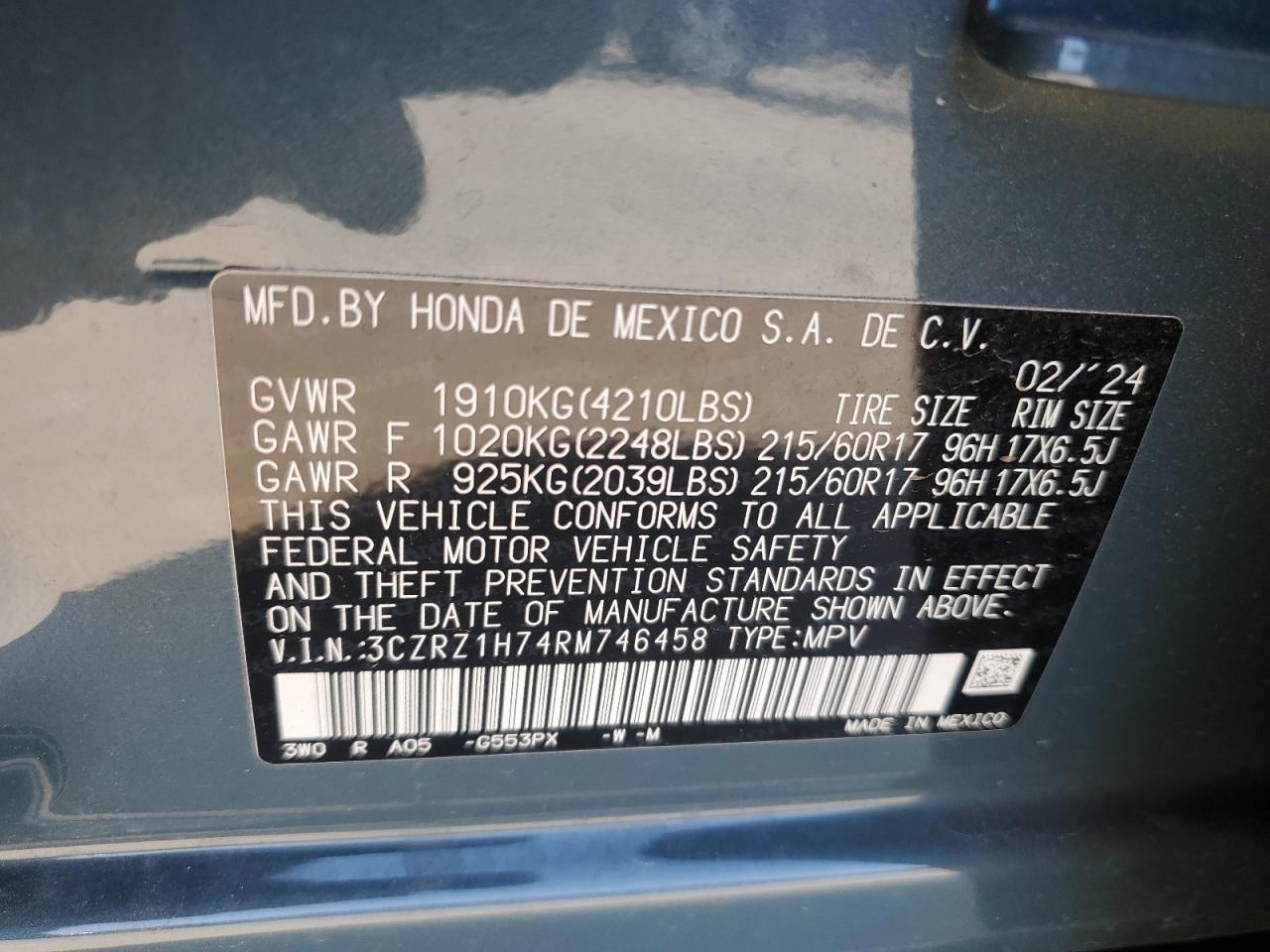 2024 HONDA HR-V EXL VIN:3CZRZ1H74RM746458