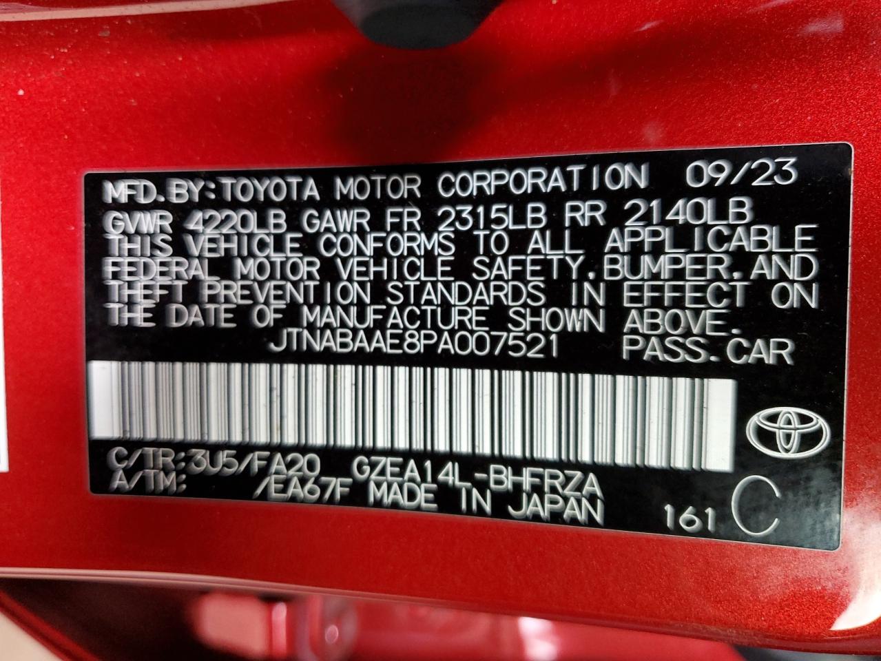 2023 TOYOTA GR COROLLA CORE VIN:JTNABAAE8PA007521