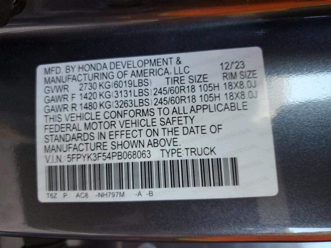 2023 HONDA RIDGELINE RTL VIN:5FPYK3F54PB068063