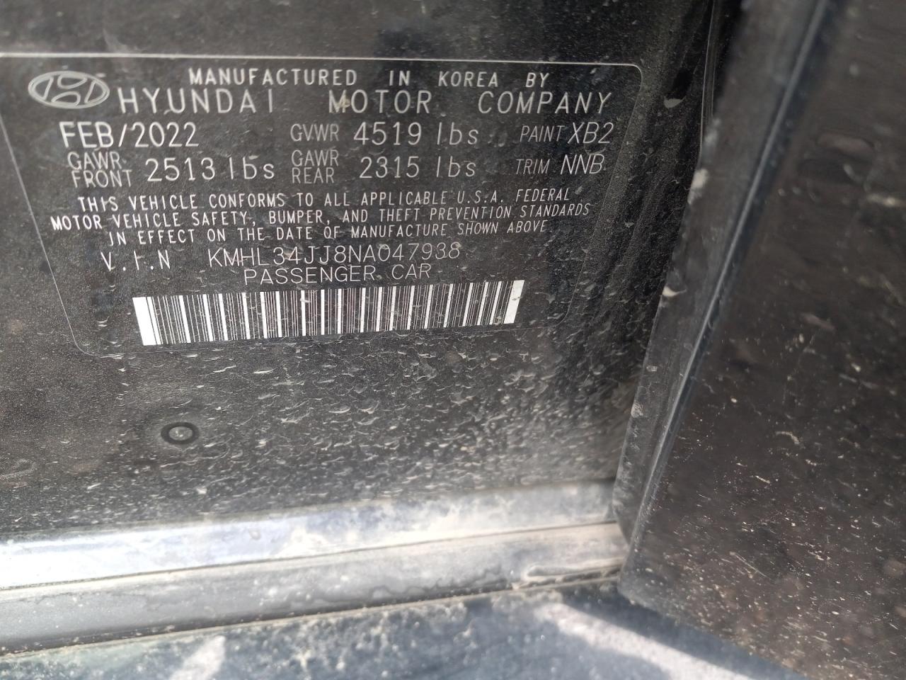 2022 HYUNDAI SONATA HYBRID VIN:KMHL34JJ8NA047938