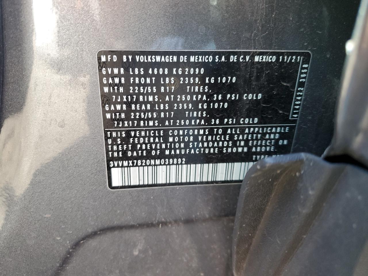 2022 VOLKSWAGEN TAOS S VIN:3VVMX7B20NM039892