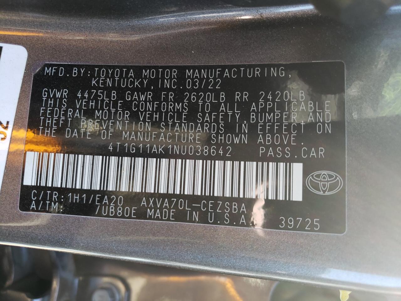 2022 TOYOTA CAMRY SE VIN:4T1G11AK1NU038642