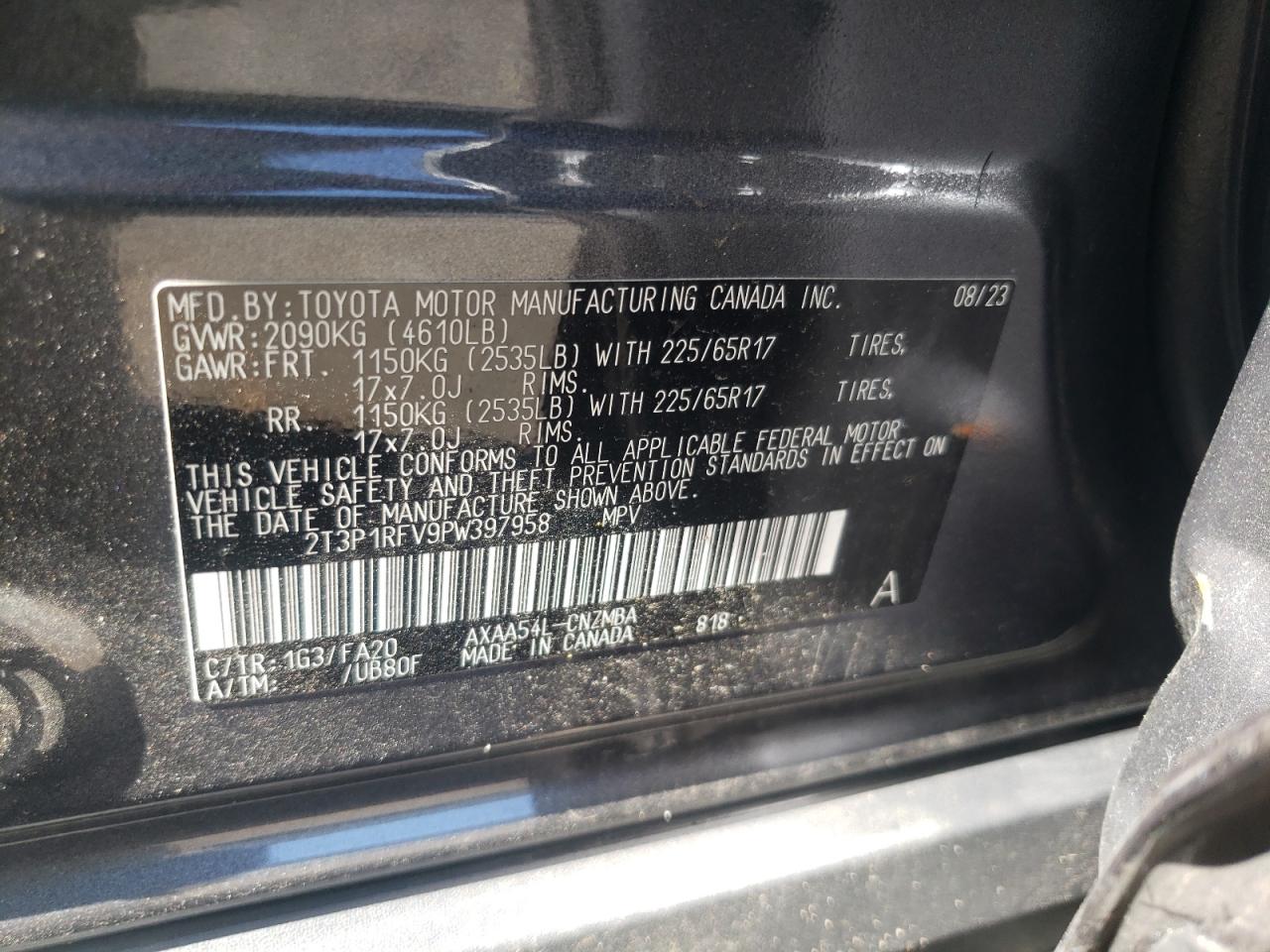 2023 TOYOTA RAV4 XLE VIN:2T3P1RFV9PW397958