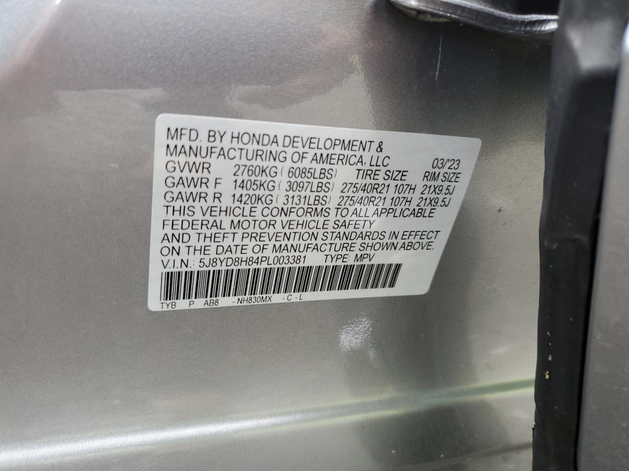 2023 ACURA MDX TYPE S ADVANCE VIN:5J8YD8H84PL003381