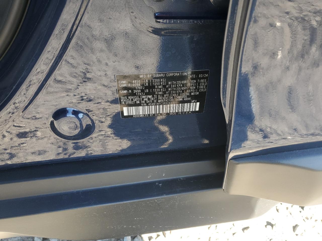 2024 SUBARU OUTBACK PREMIUM VIN:4S4BTAFC3R3240321