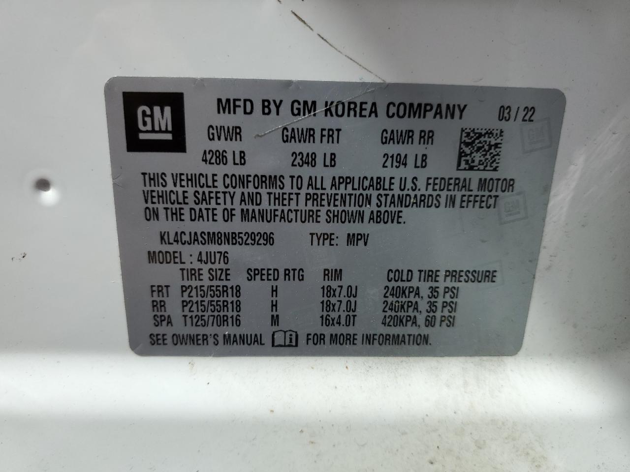 2022 BUICK ENCORE PREFERRED VIN:KL4CJASM8NB529296