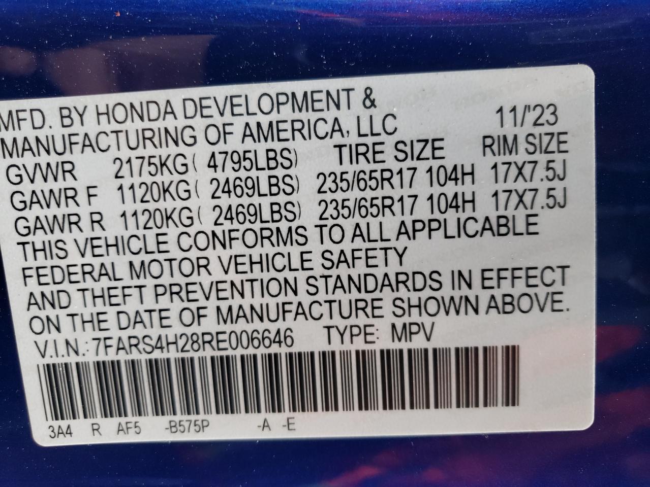 2024 HONDA CR-V LX VIN:7FARS4H28RE006646