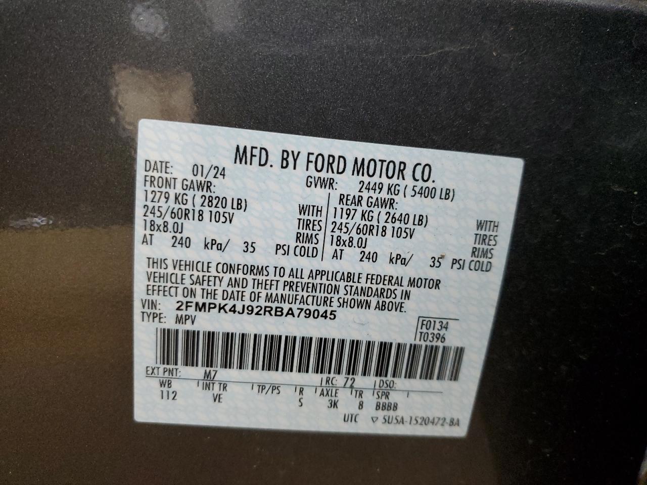 2024 FORD EDGE SEL VIN:2FMPK4J92RBA79045