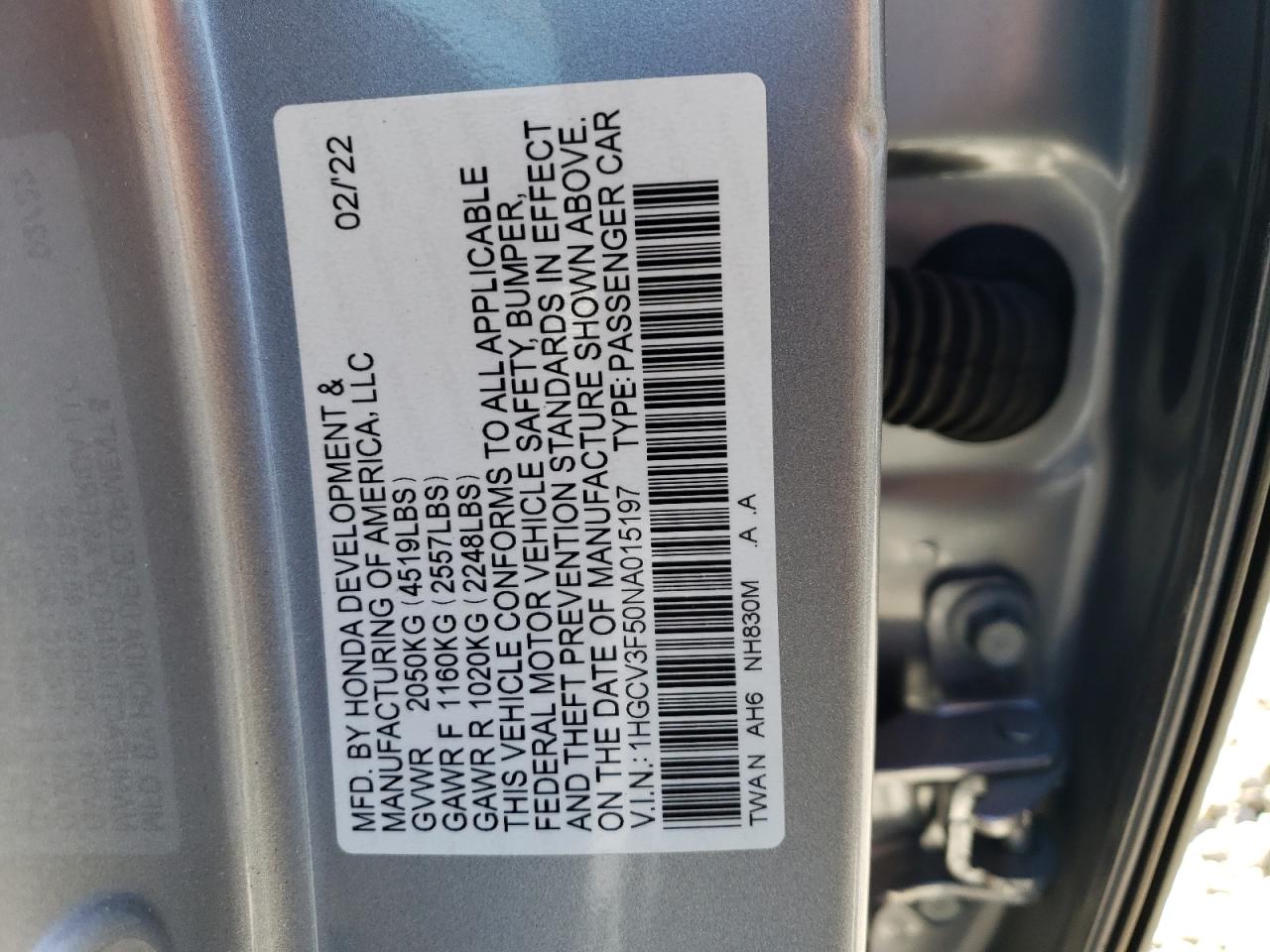 2022 HONDA ACCORD HYBRID EXL VIN:1HGCV3F50NA015197