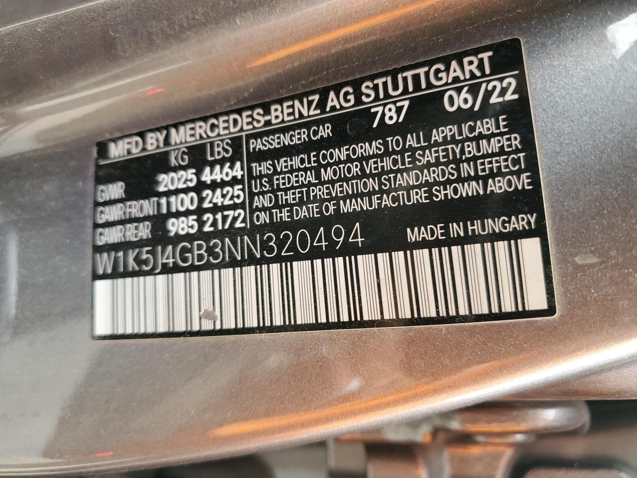 2022 MERCEDES-BENZ CLA 250 VIN:W1K5J4GB3NN320494