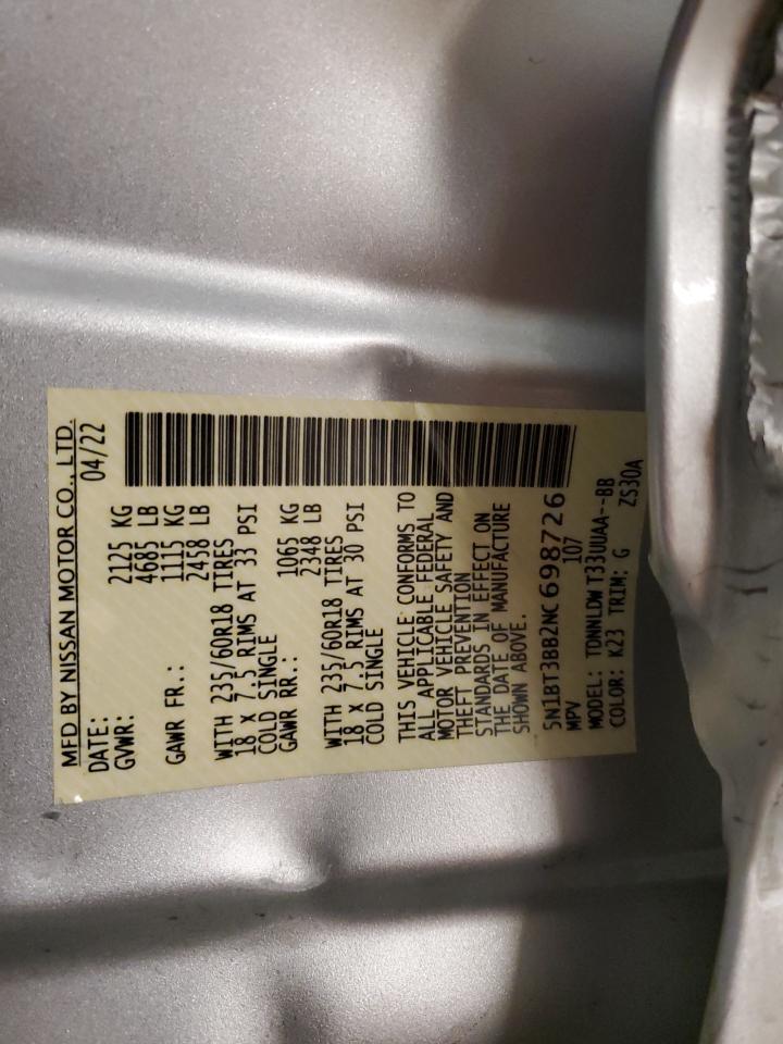 2022 NISSAN ROGUE SV VIN:5N1BT3BB2NC698726