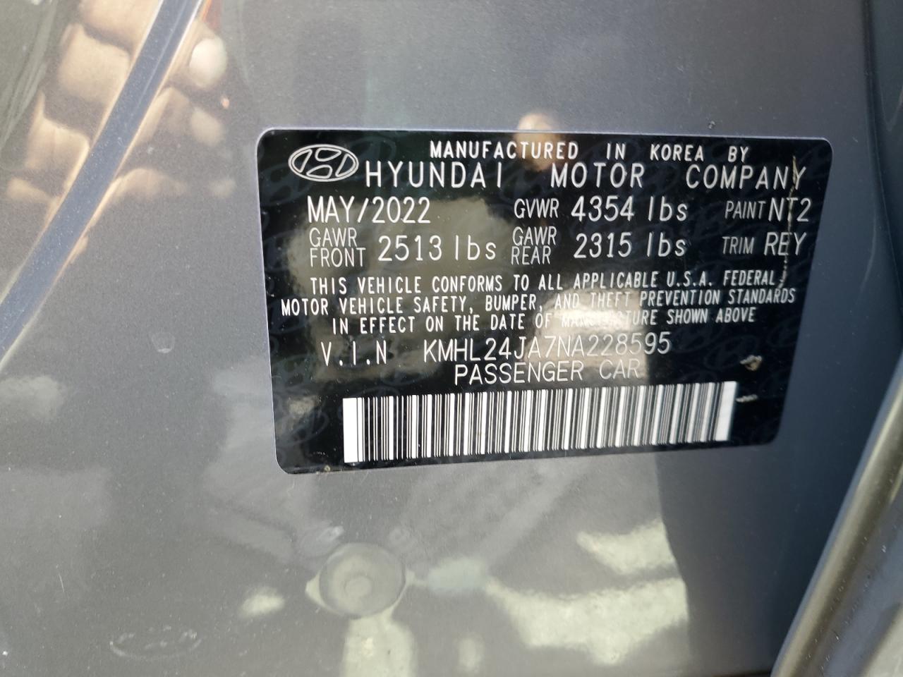 2022 HYUNDAI SONATA SE VIN:KMHL24JA7NA228595