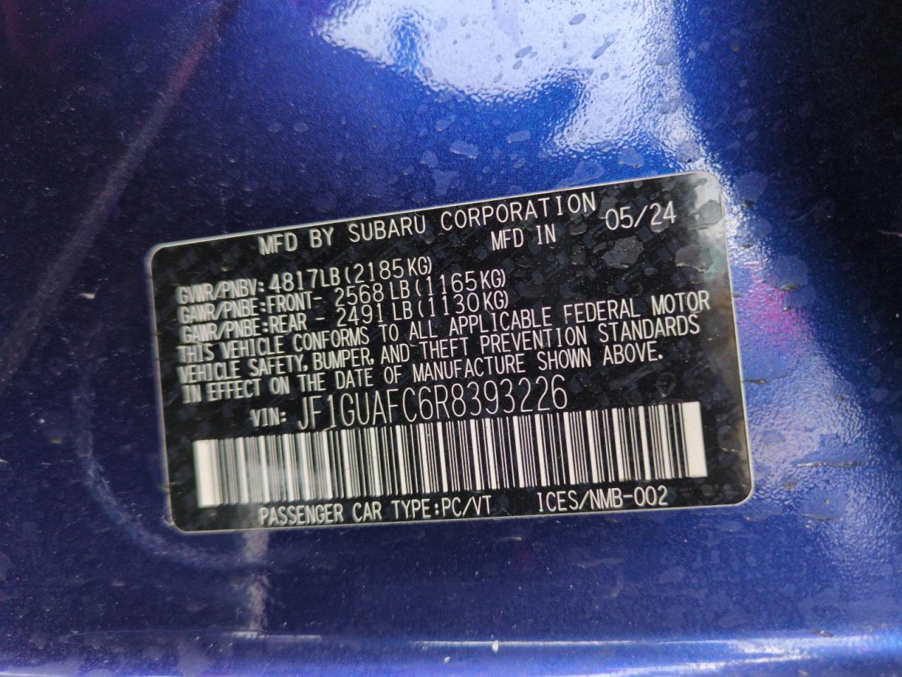 2024 SUBARU IMPREZA SPORT VIN:JF1GUAFC6R8393226