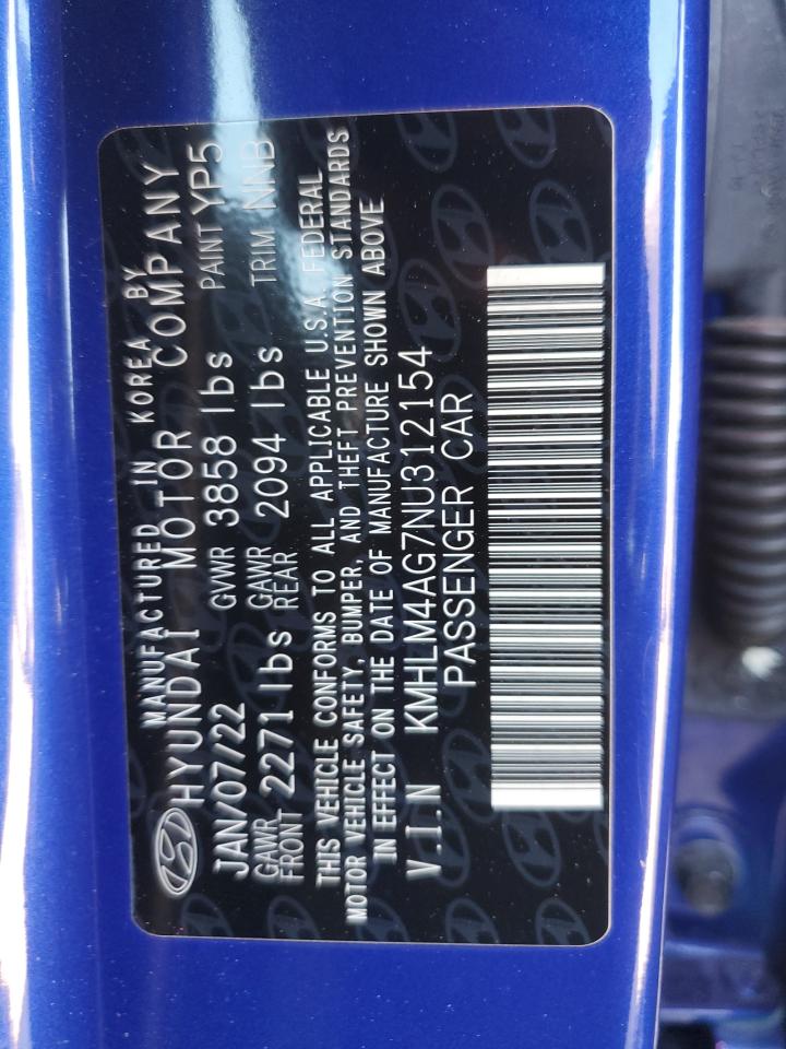 2022 HYUNDAI ELANTRA SEL VIN:KMHLM4AG7NU312154