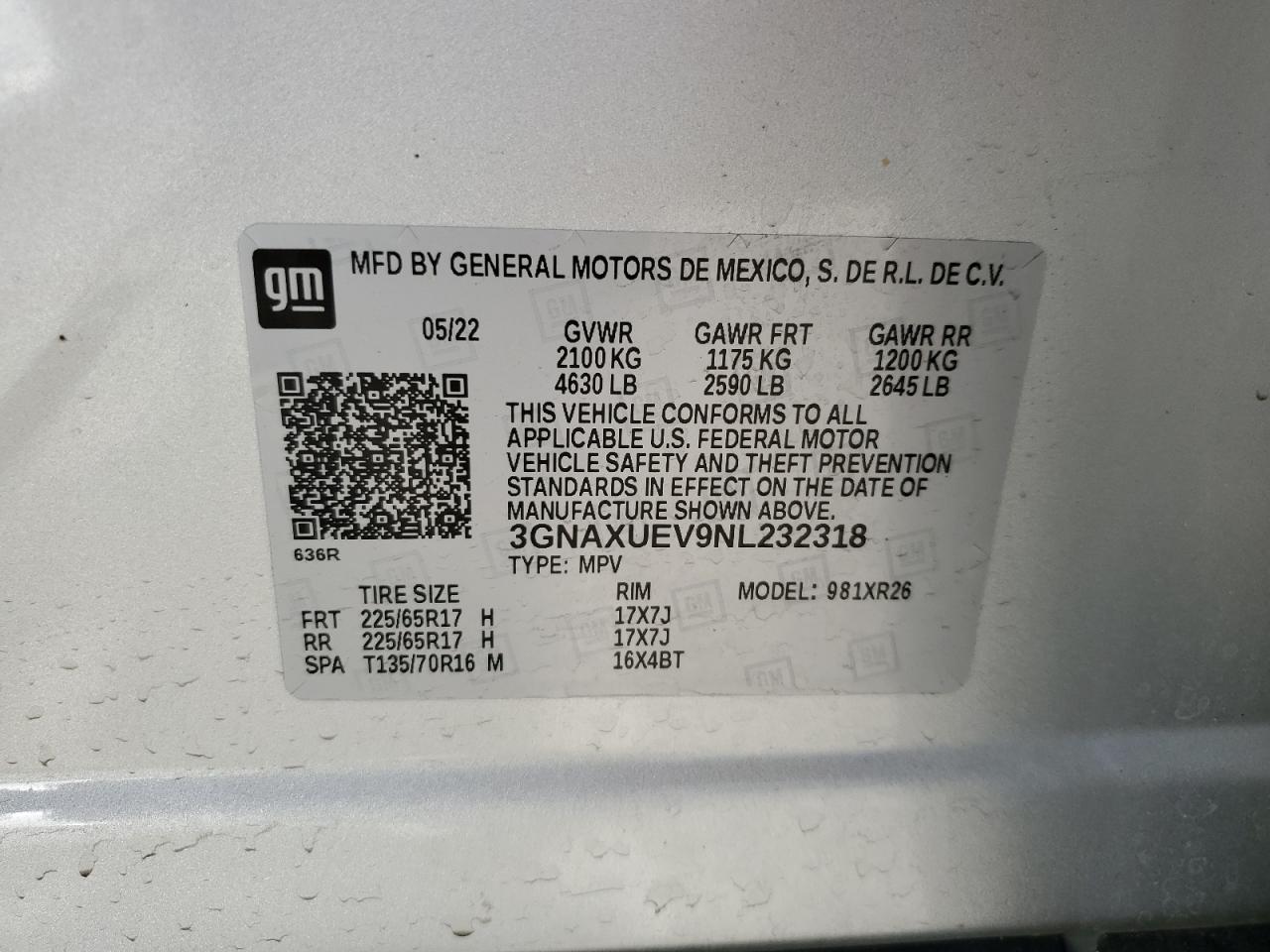 2022 CHEVROLET EQUINOX LT VIN:3GNAXUEV9NL232318