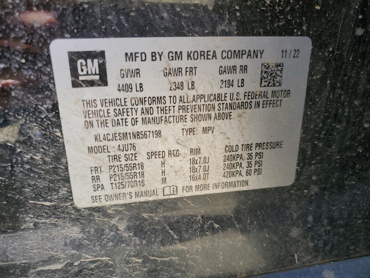 2022 BUICK ENCORE PREFERRED VIN:KL4CJESM1NB567198