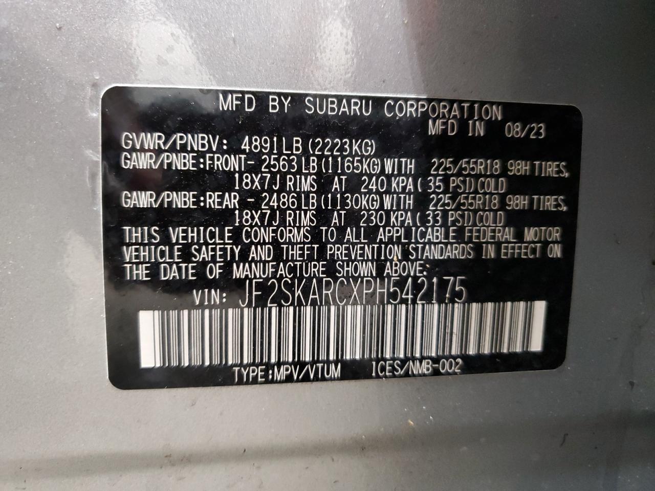 2023 SUBARU FORESTER TOURING VIN:JF2SKARCXPH542175