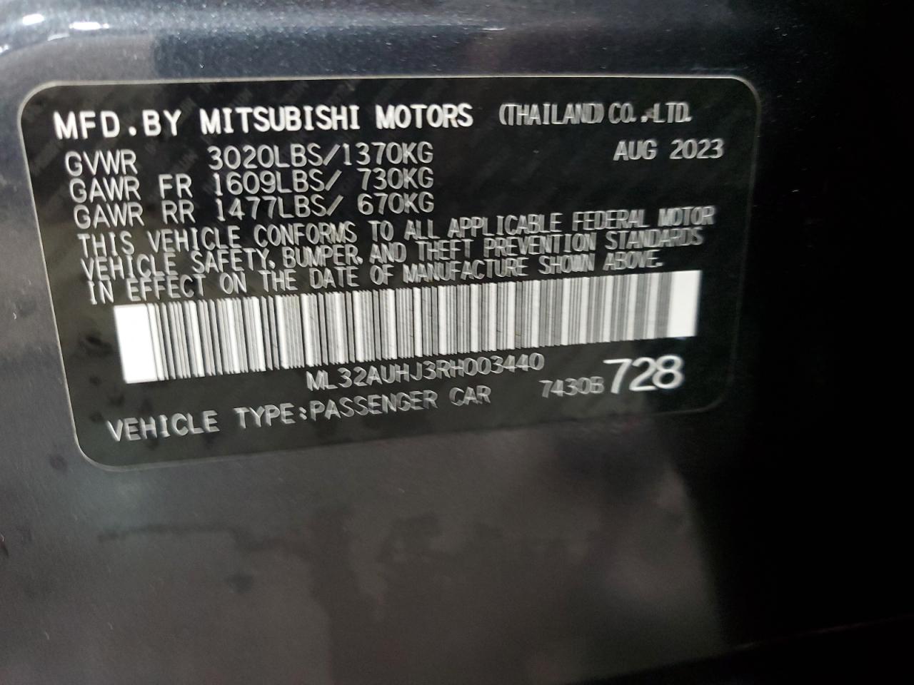 2024 MITSUBISHI MIRAGE ES VIN:ML32AUHJ3RH003440