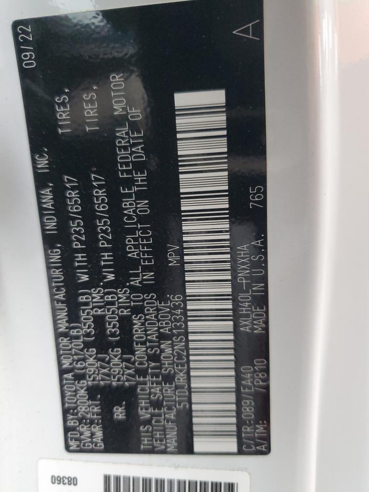 2022 TOYOTA SIENNA XLE VIN:5TDJRKEC2NS133436