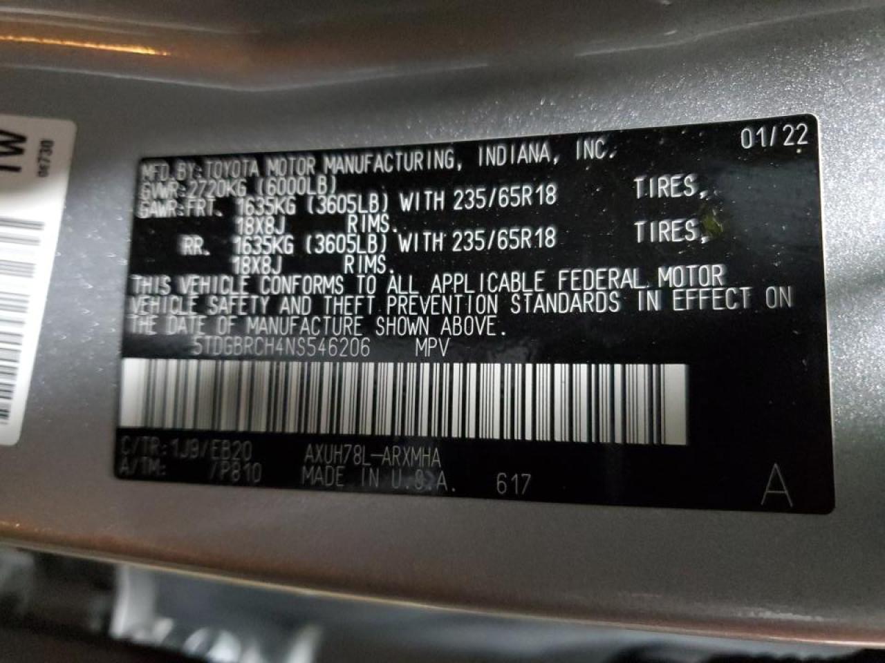 2022 TOYOTA HIGHLANDER HYBRID XLE VIN:5TDGBRCH4NS546206