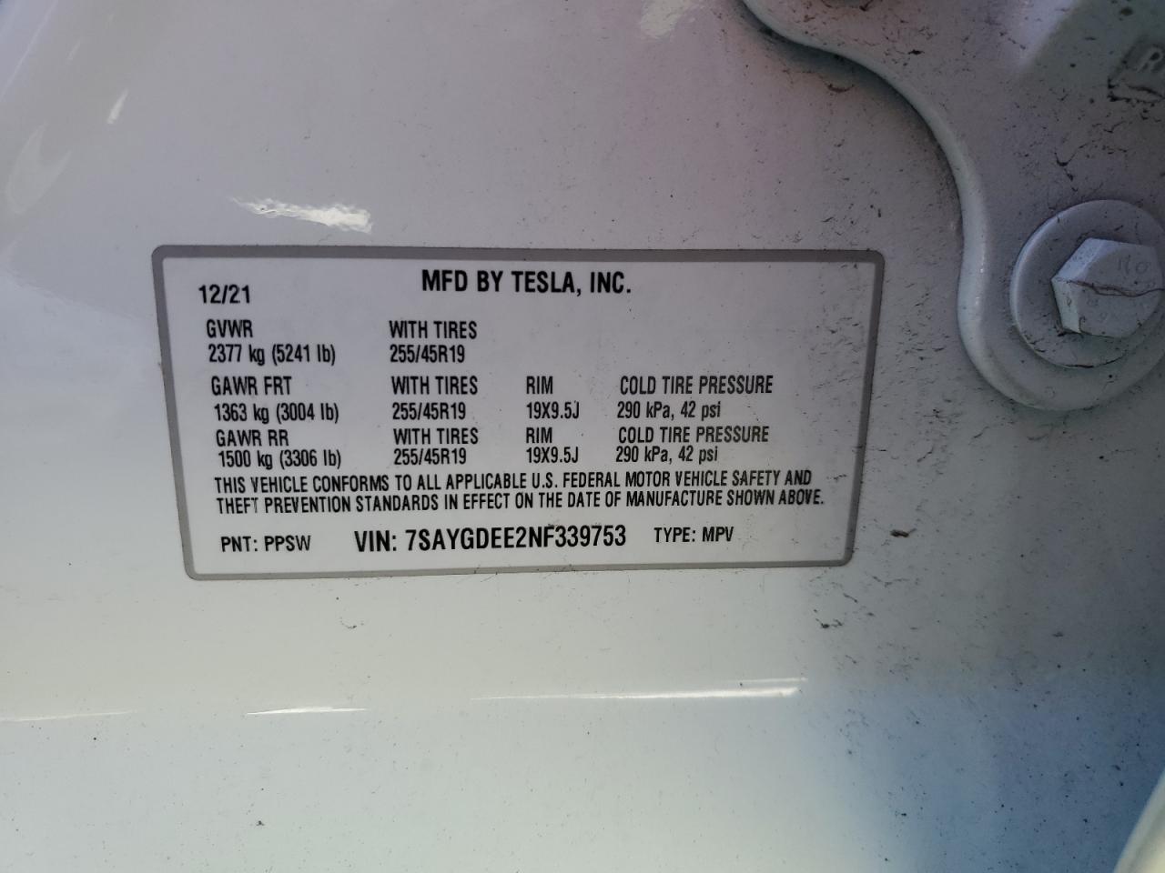 2022 TESLA MODEL Y  VIN:7SAYGDEE2NF339753