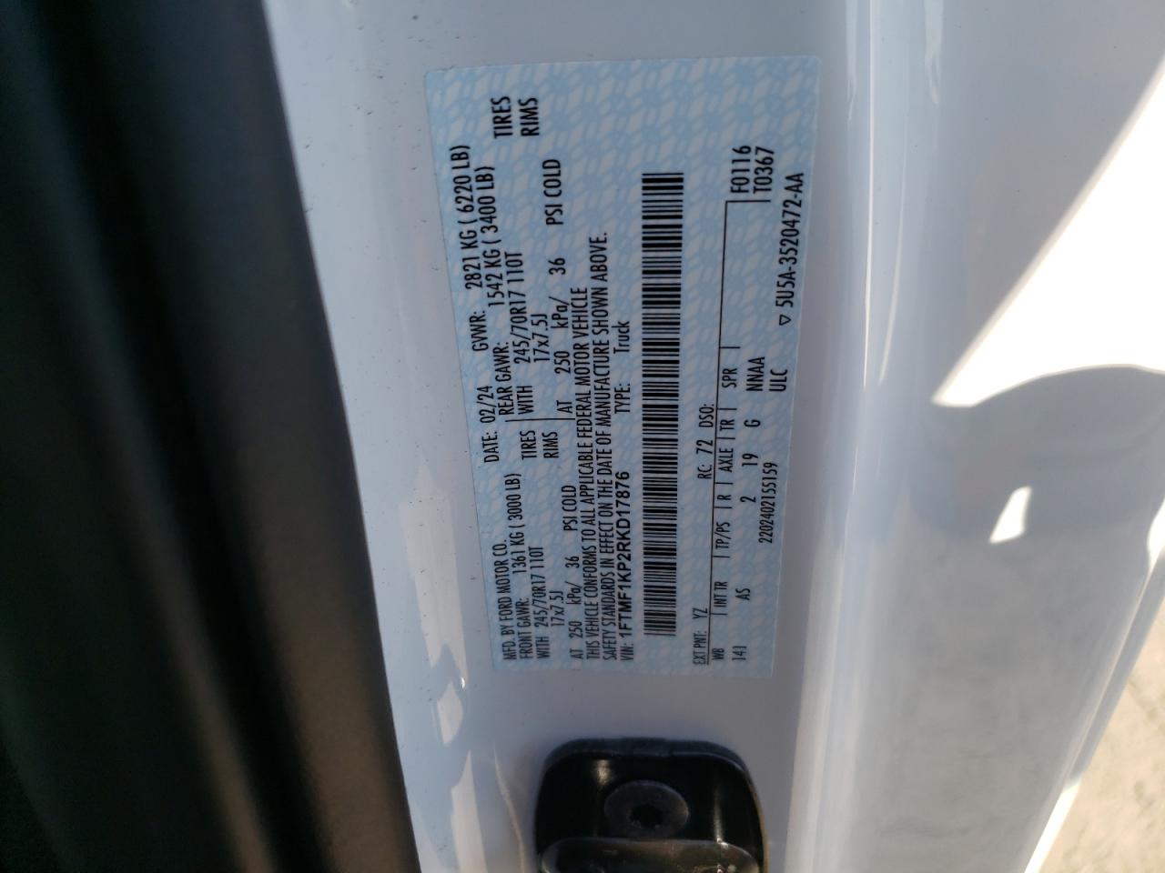 2024 FORD F150 XL VIN:1FTMF1KP2RKD17876