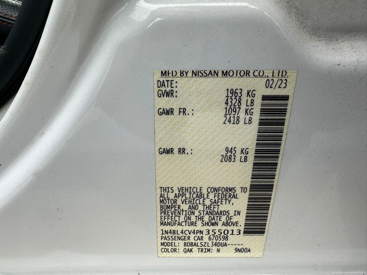2023 NISSAN ALTIMA SR VIN:1N4BL4CV4PN355013