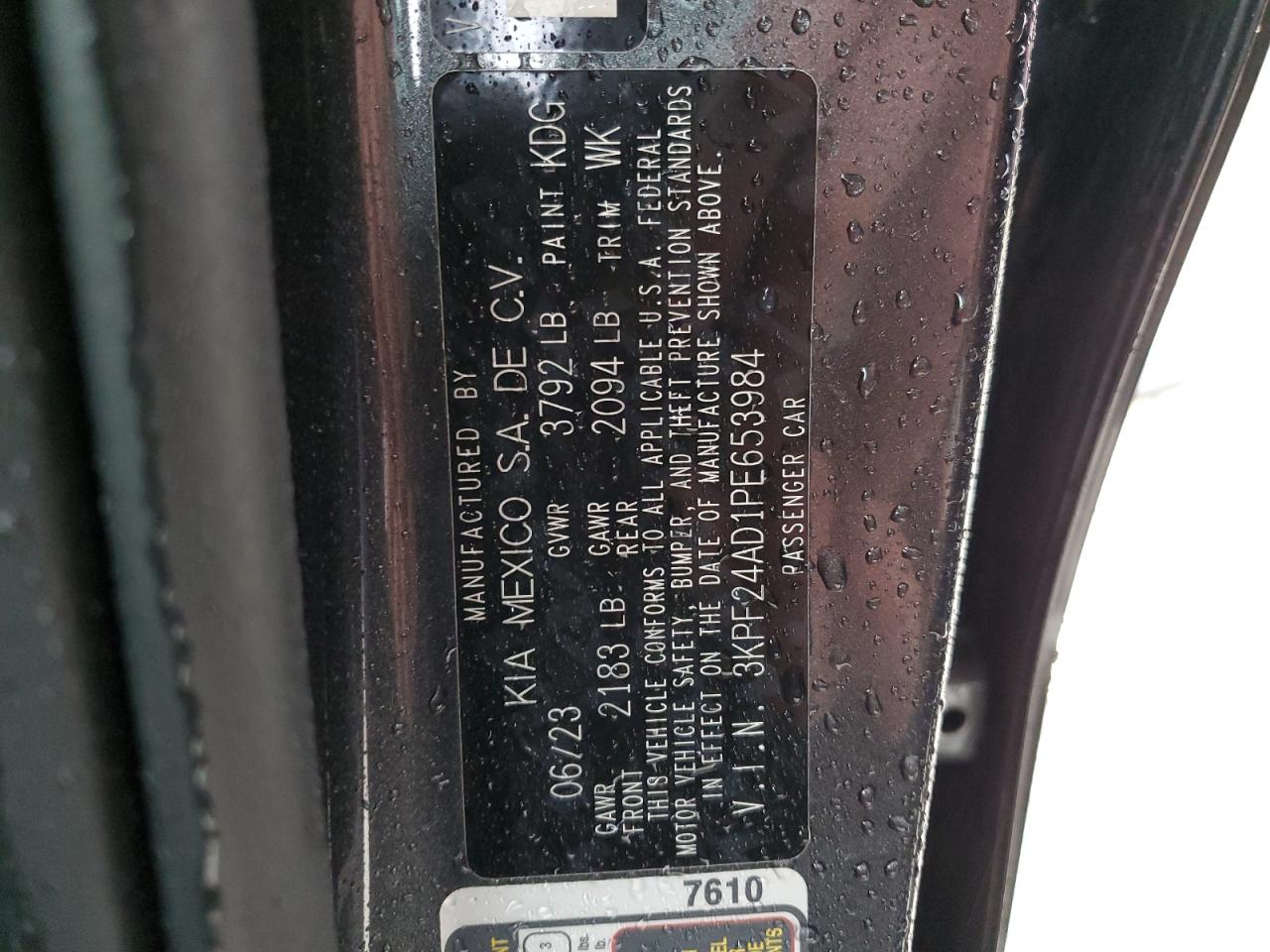 2023 KIA FORTE LX VIN:3KPF24AD1PE653984