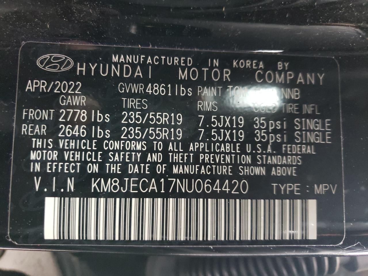 2022 HYUNDAI TUCSON LIMITED VIN:KM8JECA17NU064420