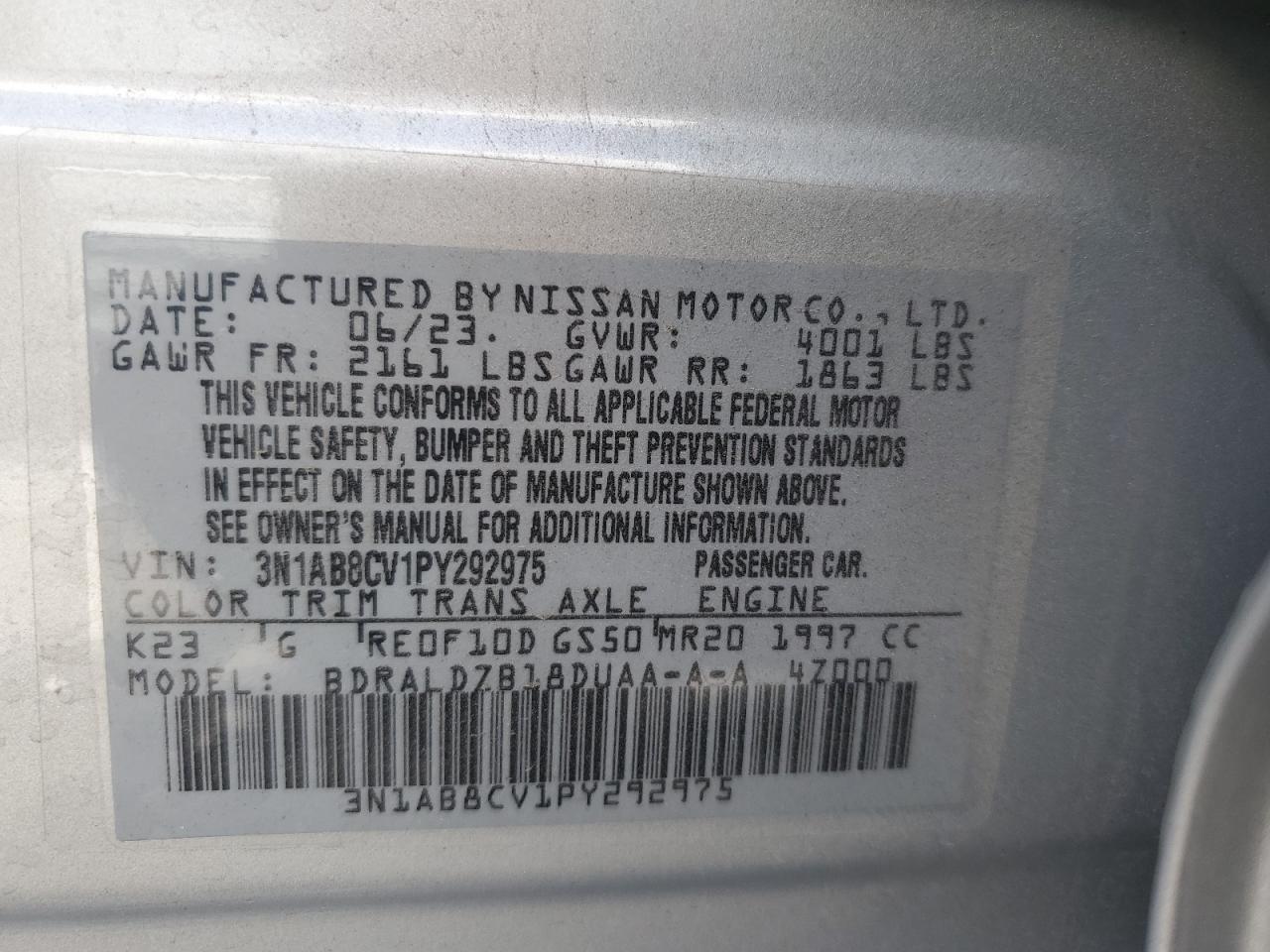 2023 NISSAN SENTRA SV VIN:3N1AB8CV1PY292975