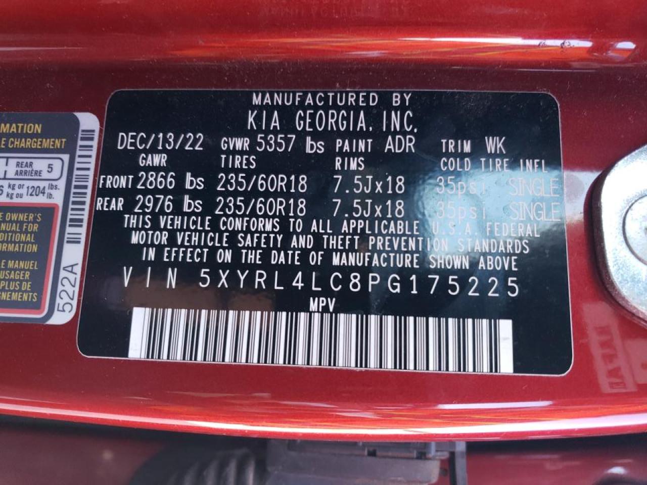 2023 KIA SORENTO S VIN:5XYRL4LC8PG175225