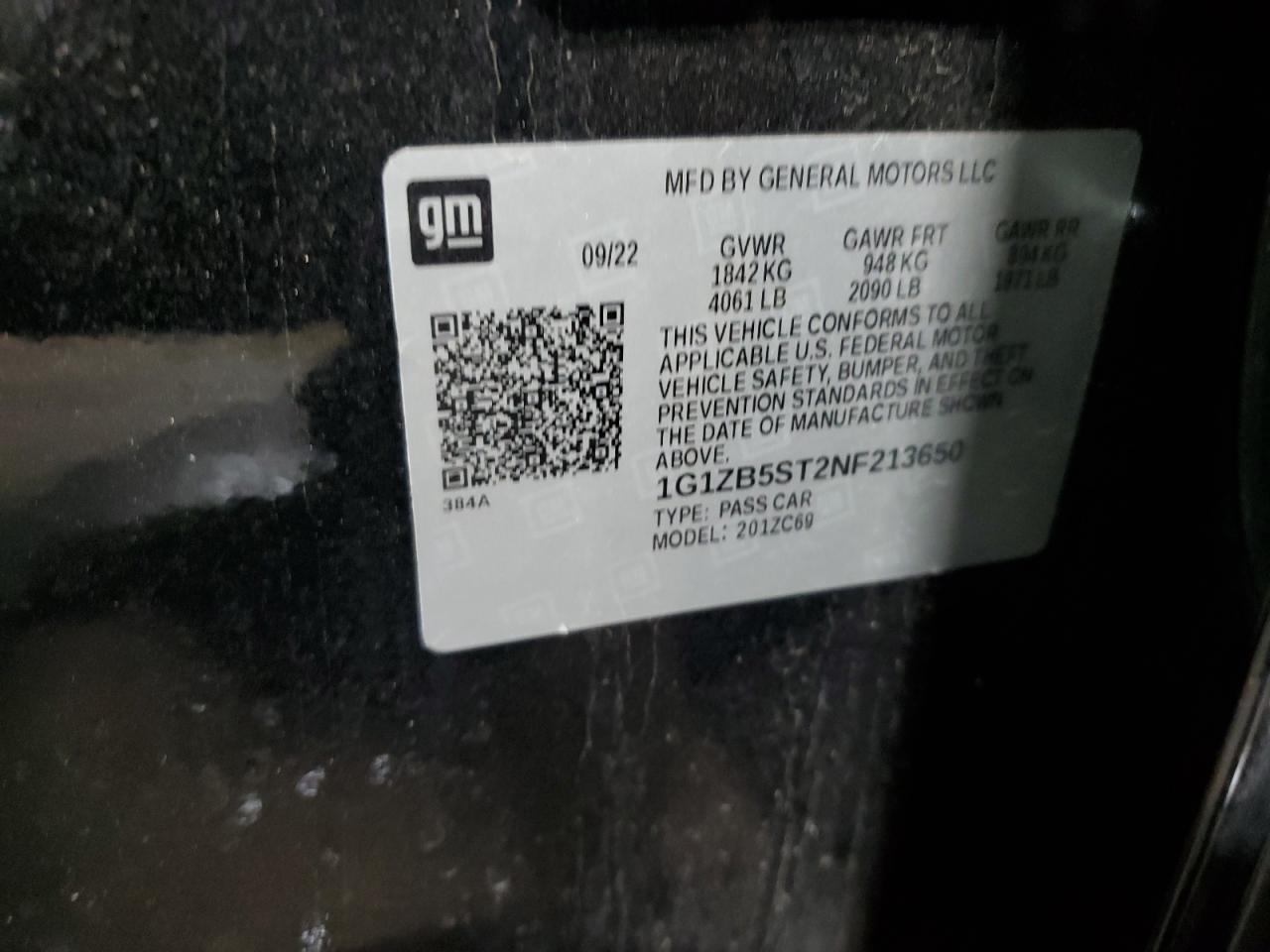 2022 CHEVROLET MALIBU LS VIN:1G1ZB5ST2NF213650