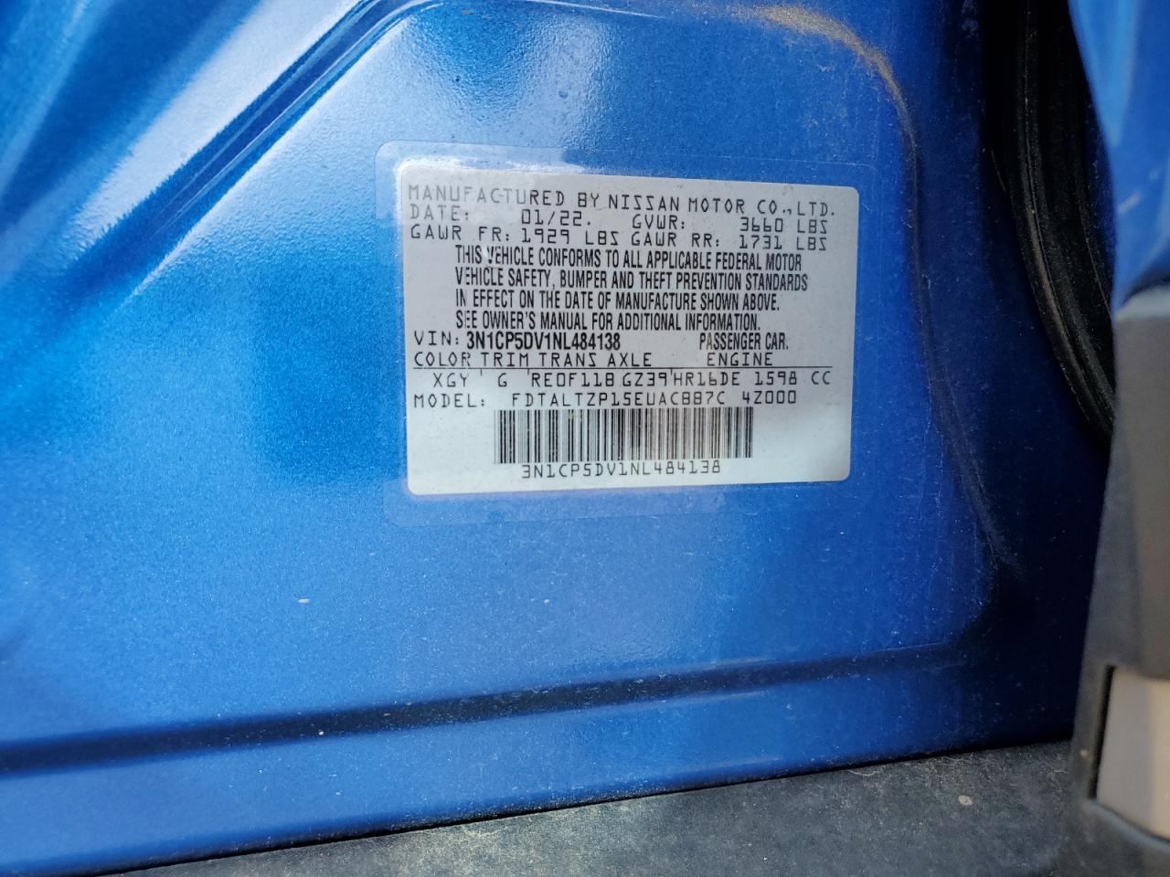 2022 NISSAN KICKS SR VIN:3N1CP5DV1NL484138