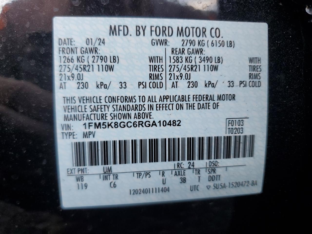 2024 FORD EXPLORER ST VIN:1FM5K8GC6RGA10482